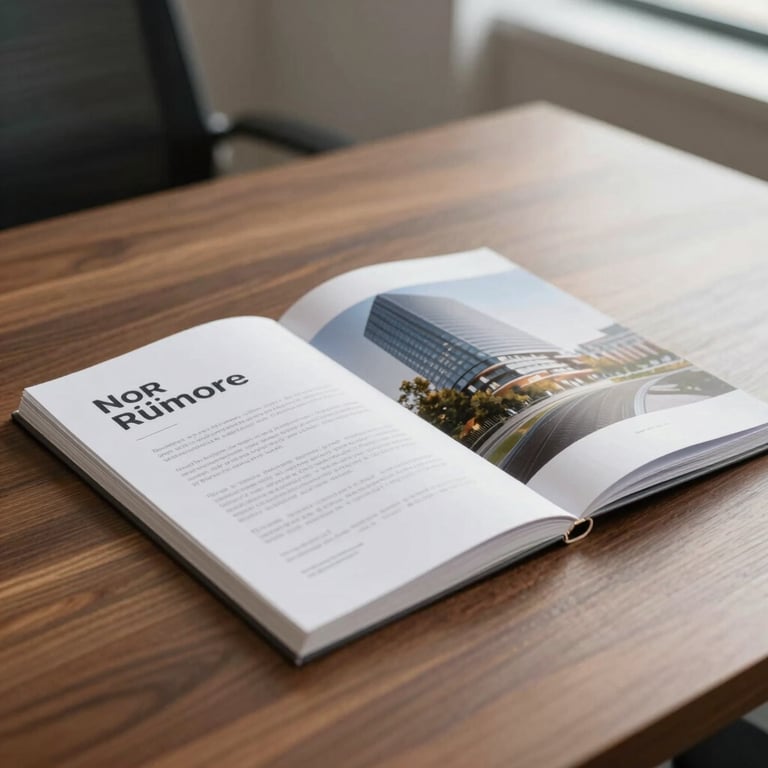 Close-up of a high-quality property brochure resting on a dark wood table in a sunlit office.
