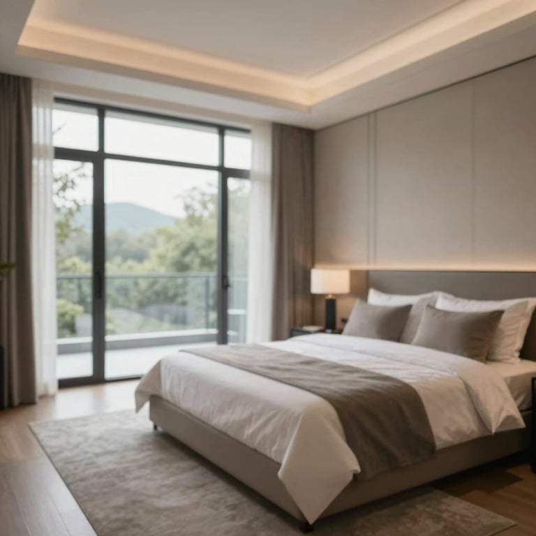 A spacious master bedroom with large glass windows and an elegant atmosphere.