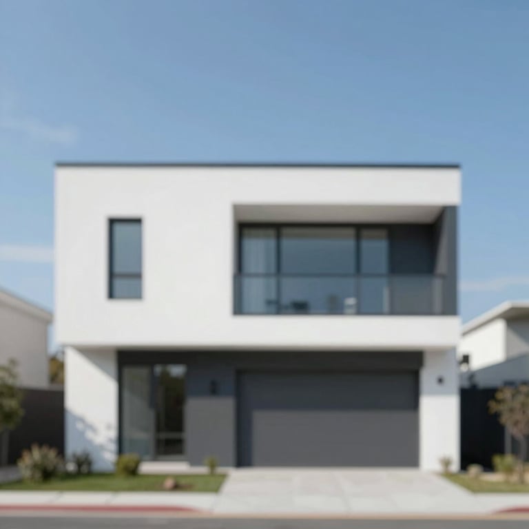 Exterior of a modern minimalist house with white walls and dark charcoal #2A363B accents under a clear blue sky.