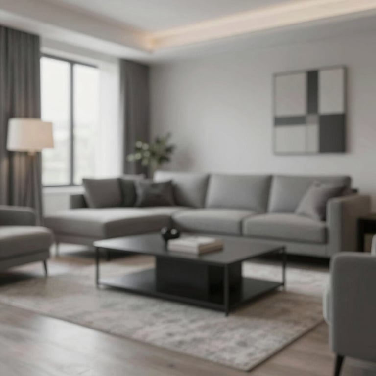 Interior living room featuring sophisticated furniture in shades of grey #5A6B6D and soft lighting.