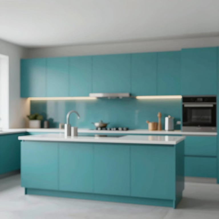 A stylish modern kitchen with sleek countertops and #B0C2C3 teal decorative elements.