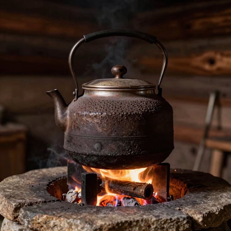 Close-up of a heavy iron kettle over a stone hearth fire inside a dark timber cabin, warm single-source light.