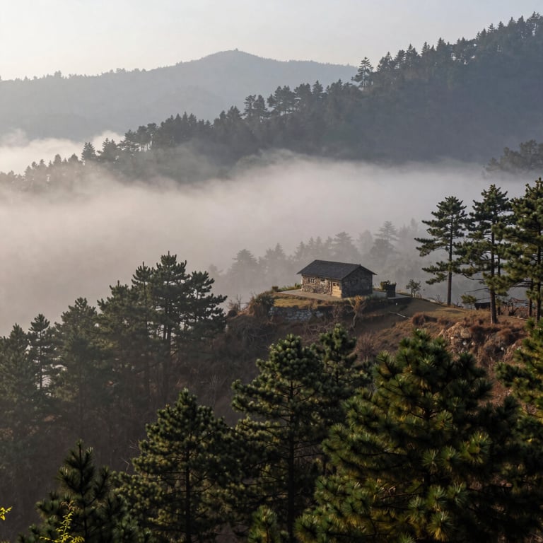 Vast panoramic view of mist-shrouded Bhaderwah pine forests at dawn, a single dark stone cabin perched on the ridge, cold overcast light.
