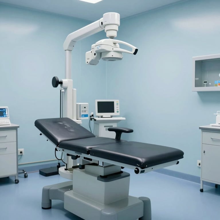 An empty, clean, and advanced medical consultation room with ergonomic furniture and a light blue color palette.