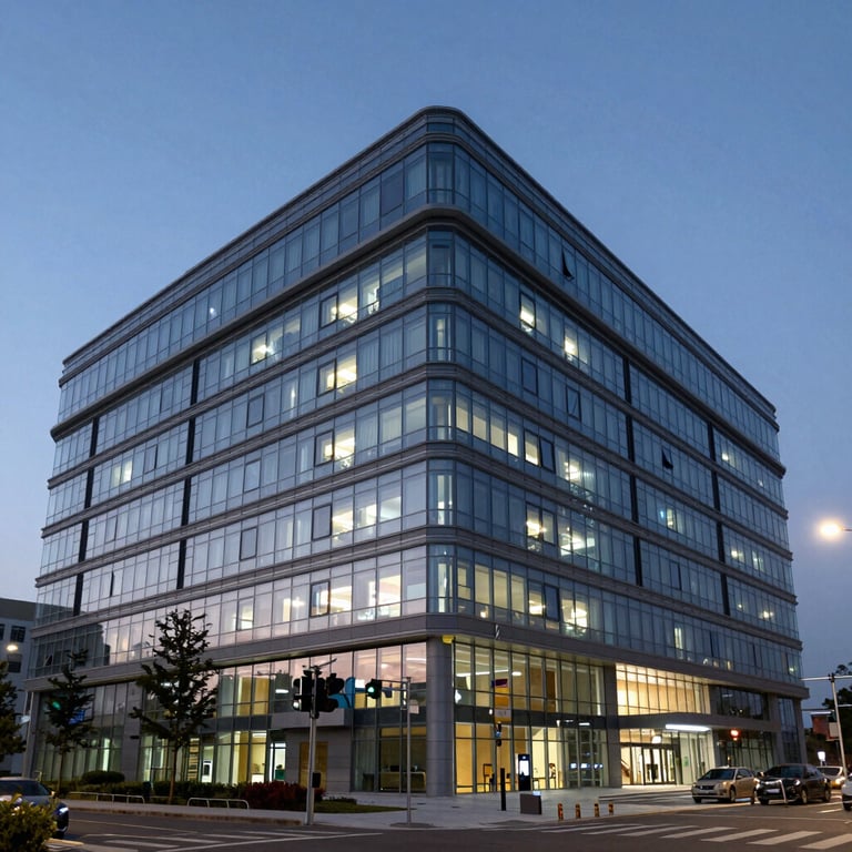 The sleek, modern exterior of a hospital at dusk, featuring professional lighting and contemporary glass architecture.