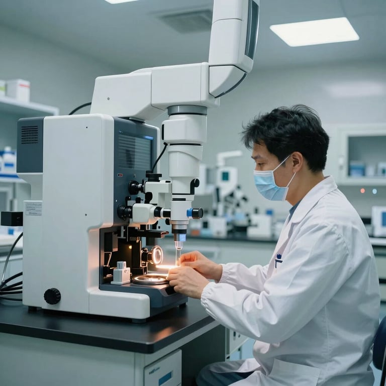 A modern hospital laboratory with high-tech equipment and a professional, sterile atmosphere under bright lighting.