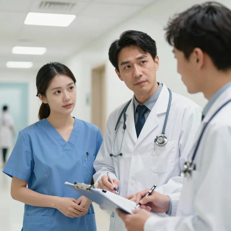 A doctor and a staff member discussing patient care plans in a brightly lit, professional medical hallway.