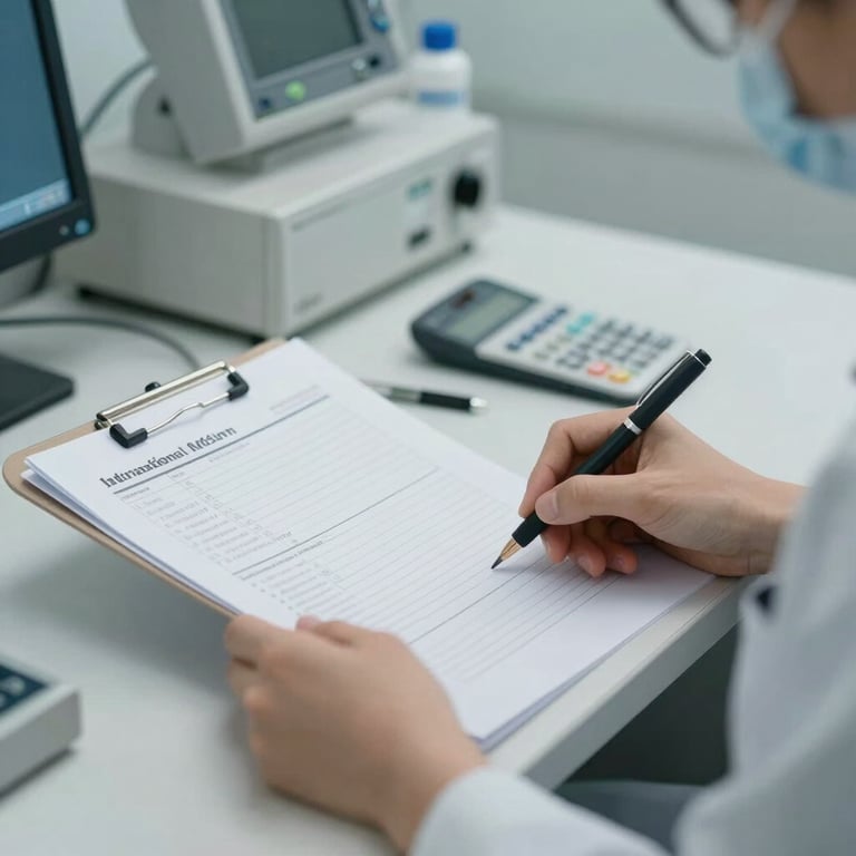 A close-up of a professional medical billing station showing a clean, organized workspace in an international clinic.
