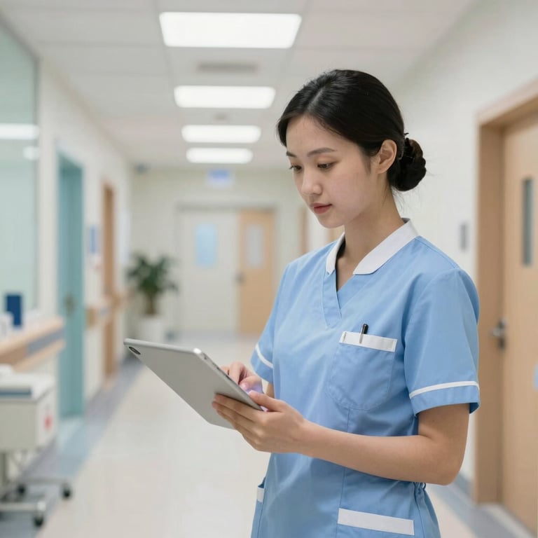 A nurse in professional attire using a tablet at a modern nursing station in a bright North American hospital corridor.