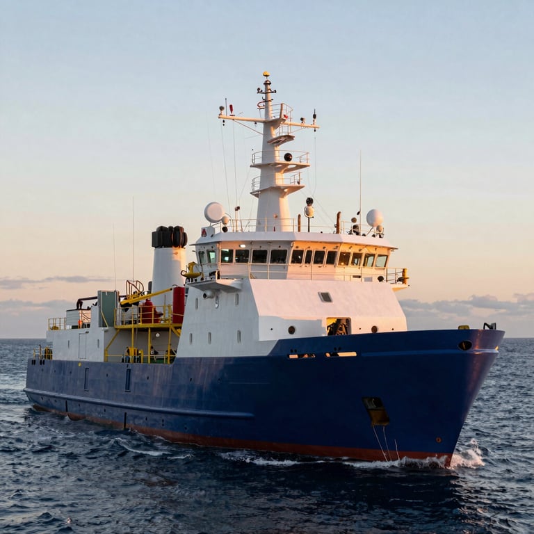 A wide shot of a marine research vessel in Australian waters at dawn, with sophisticated research equipment visible on deck.