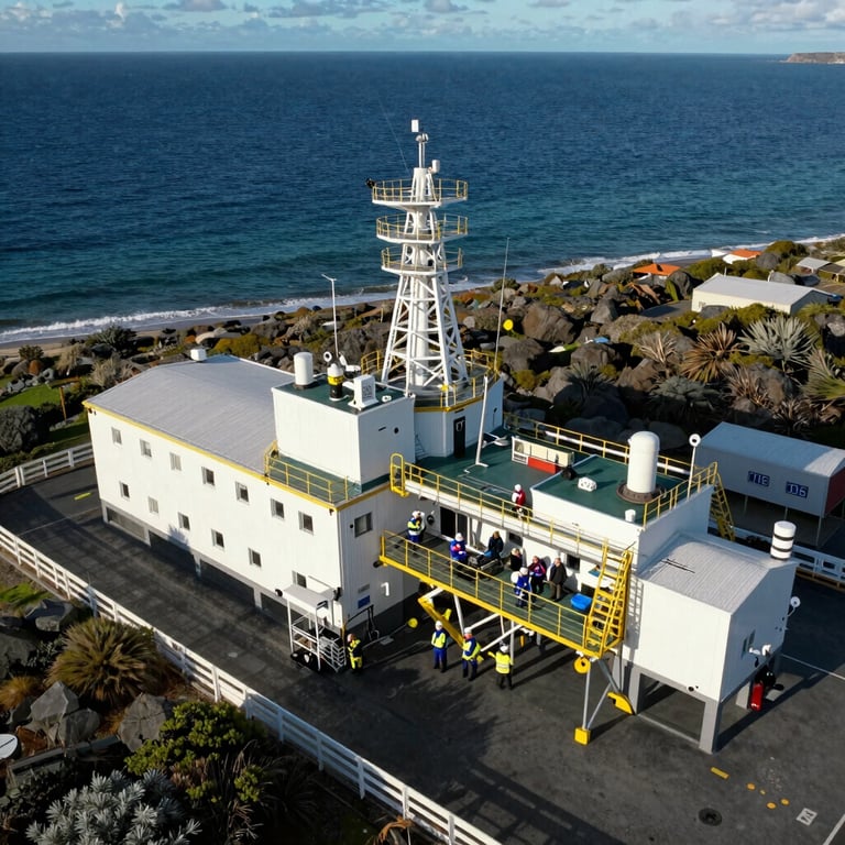 Aerial view of a coastal research station where Australian and European maritime experts collaborate on environmental projects.