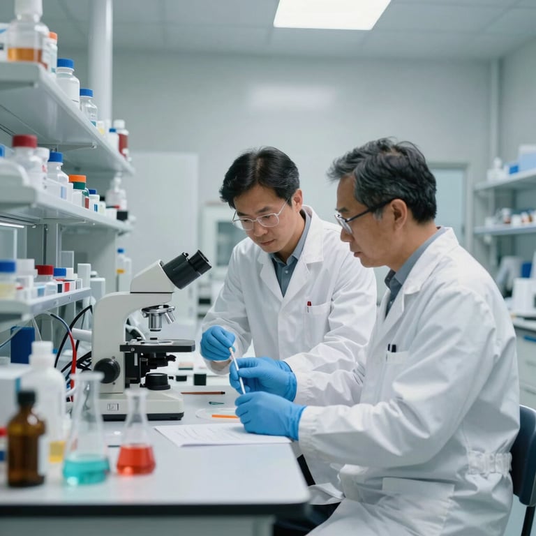 A clean, minimalist laboratory in Europe with scientists collaborating on advanced marine biology research.