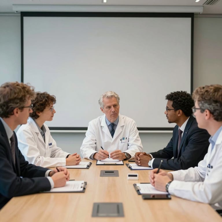 A group of diverse Australian and European scientists in a modern boardroom in Brussels, discussing strategy with professional focus.