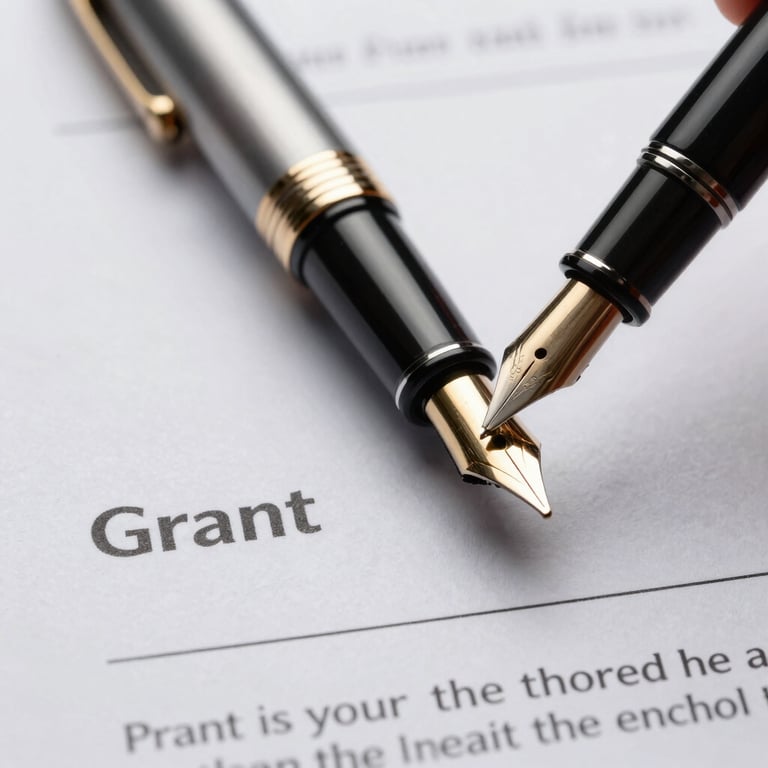 Close-up of a high-end fountain pen on a grant application document, symbolizing the authority and precision of proposal writing.