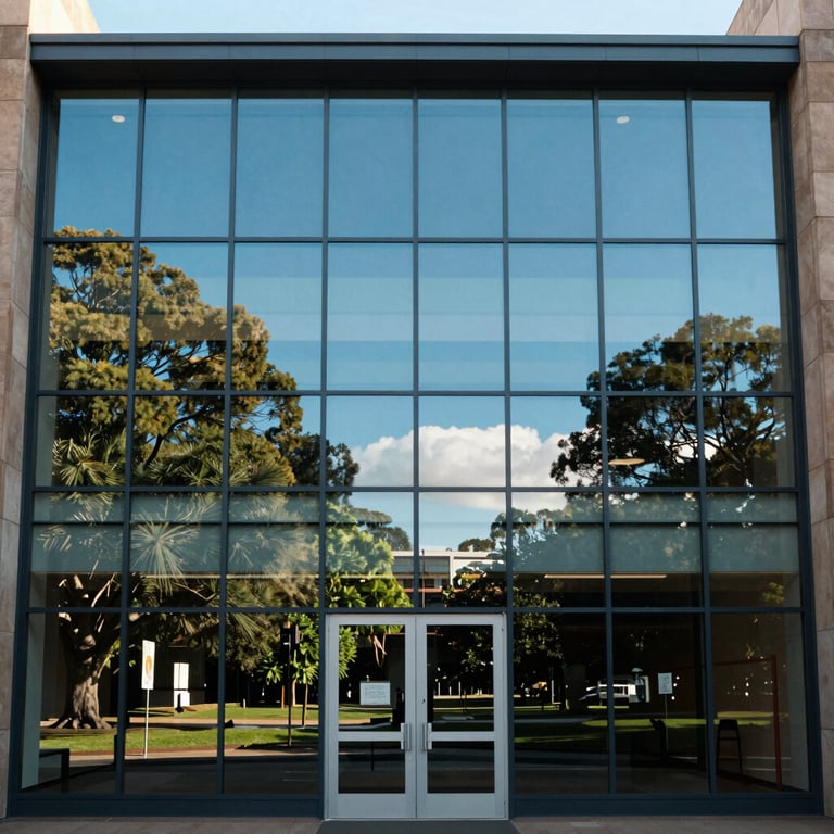 The glass-fronted facade of a major Australian university, reflecting a bright blue sky and the surrounding greenery.