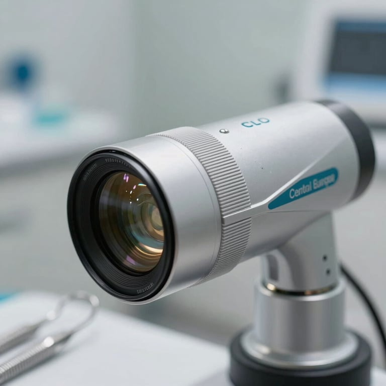 A close-up of a modern dental tool in a clean, professional clinical setting in Central Europe.