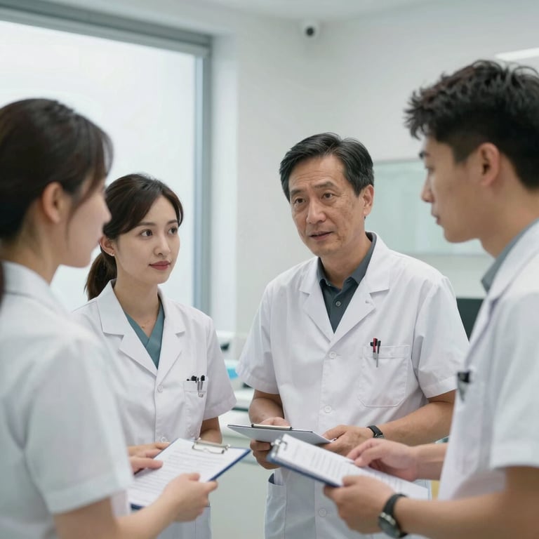 A professional team of dentists discussing a case in a bright, collaborative office space.