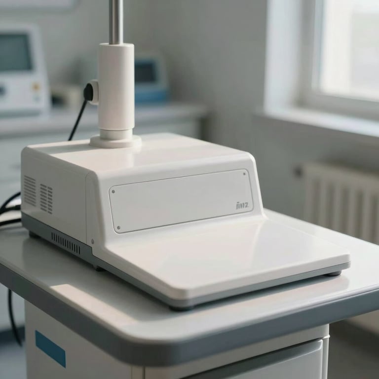 Detailed shot of a clean, modern medical workstation with soft natural light.