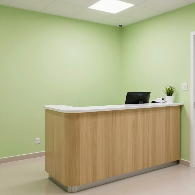 A bright and welcoming reception area of a high-tech dental office with light lime green walls.
