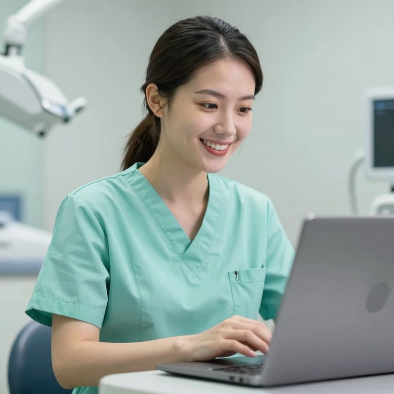 A smiling dental professional in a light green uniform looking at a laptop screen.