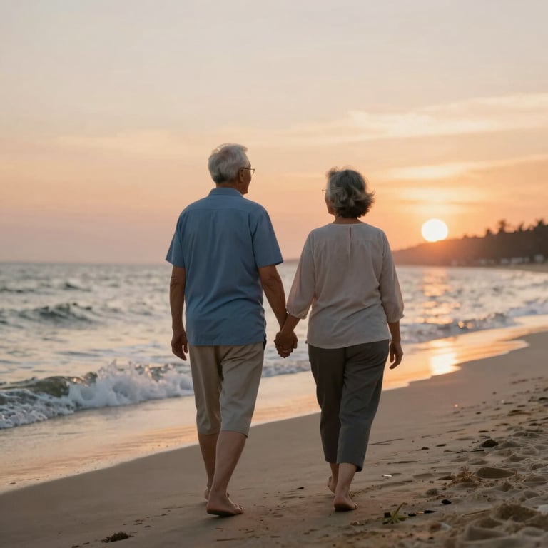 An elderly couple walking hand-in-hand along a peaceful beach at sunset, representing a secure and happy retirement.
