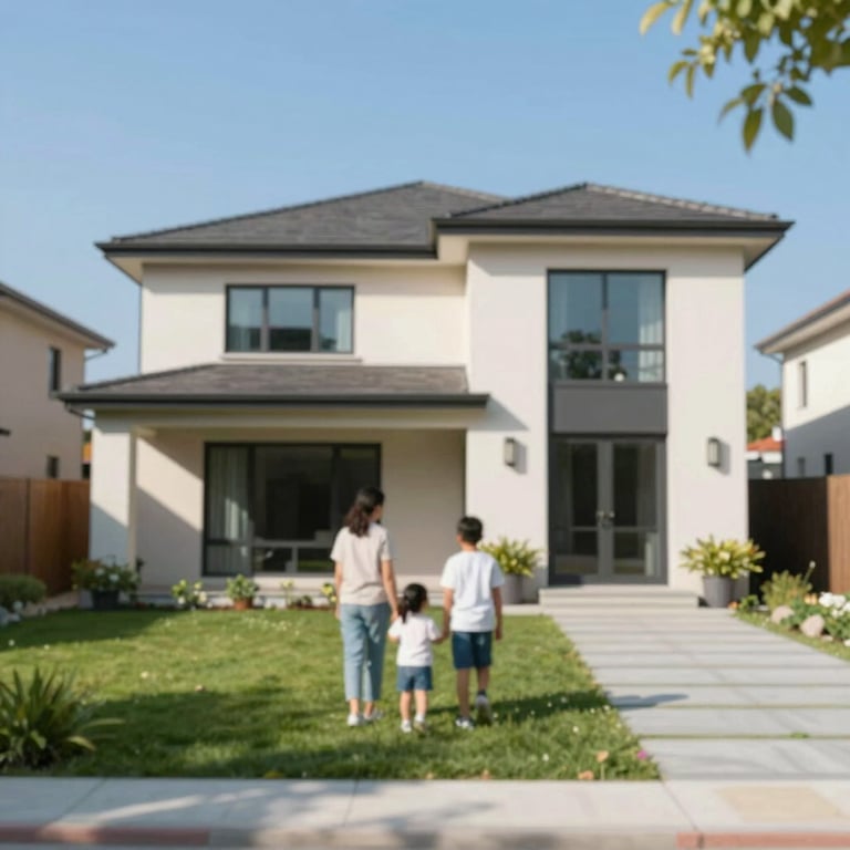 A modern family house with a well-maintained garden under a clear blue sky, symbolizing home protection and stability.