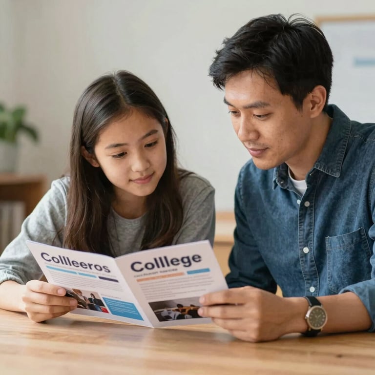 A parent and a teenage daughter looking at a college brochure together at a wooden table, emphasizing future planning.