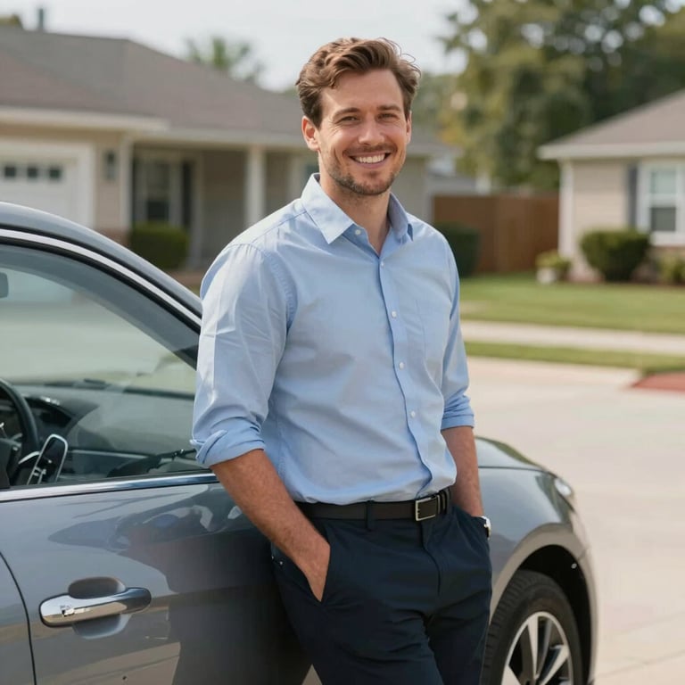 A happy man leaning against a new car in a safe suburban driveway, composition focused on security and satisfaction.