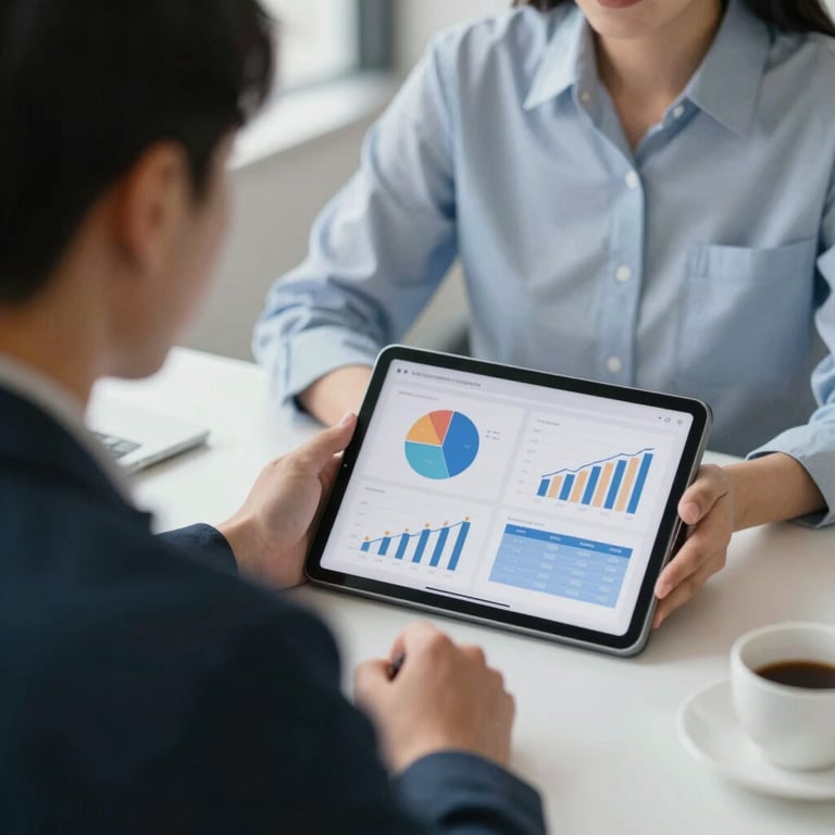 A professional consultation session where an advisor is showing financial charts on a tablet to a client, professional and trustworthy mood.