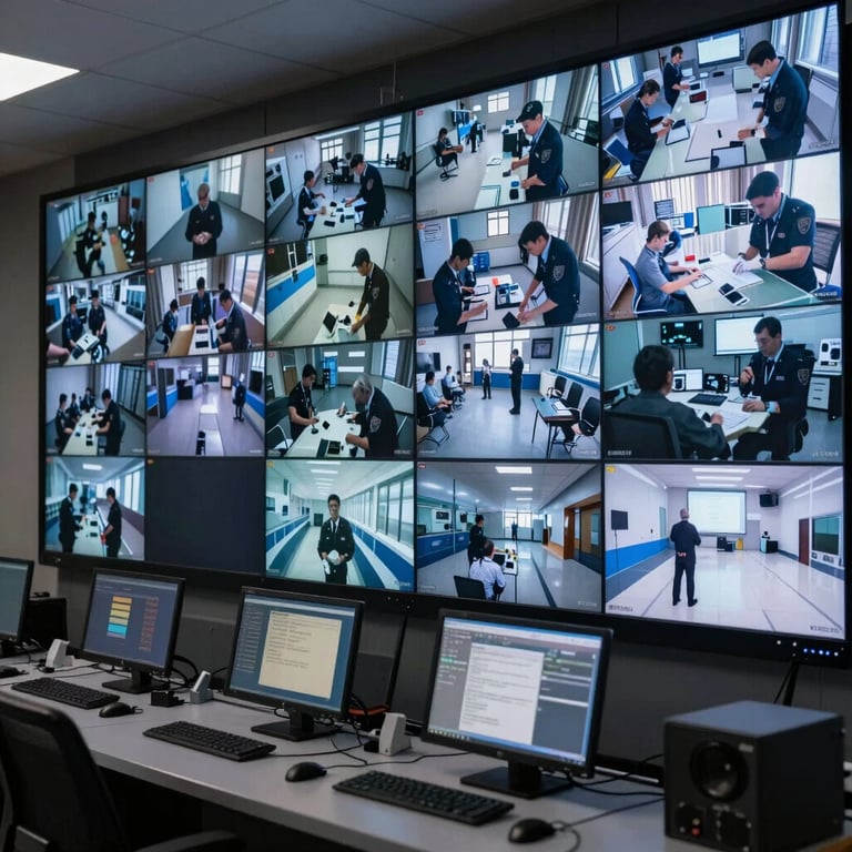 A modern security command center showing multiple high-definition surveillance feeds on a wall of monitors.