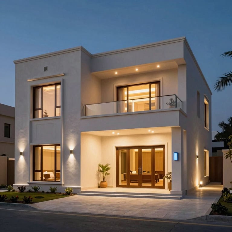 The exterior of a contemporary Saudi Arabian villa at twilight, beautifully lit by an automated smart lighting system.