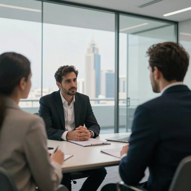A professional consultation between a technical expert and a client in a minimalist, glass-walled office in a Gulf city.