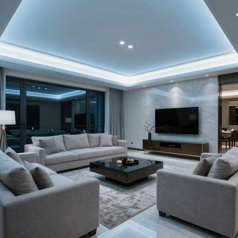 A wide shot of a luxury Middle Eastern / Gulf residential living room with automated ambient lighting in soft Blue tones.