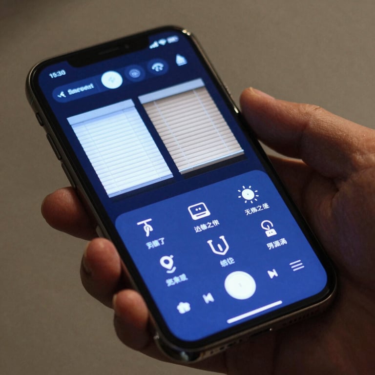 A sleek smartphone interface displaying home automation controls for blinds and climate.