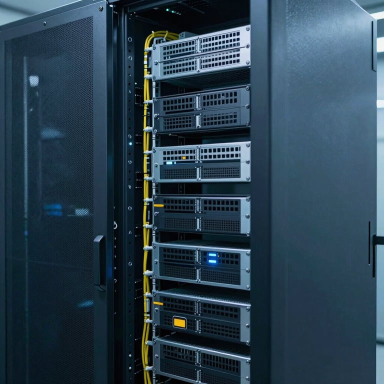 A neatly organized IT server room with professional wiring and cool Muted Blue lighting.