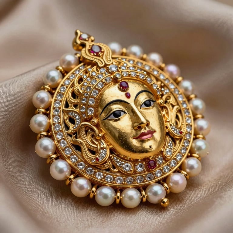 Extreme macro shot of a hand-carved gold mathapatti inlaid with flawless Polki diamonds and delicate South Sea pearls, resting on raw silk.