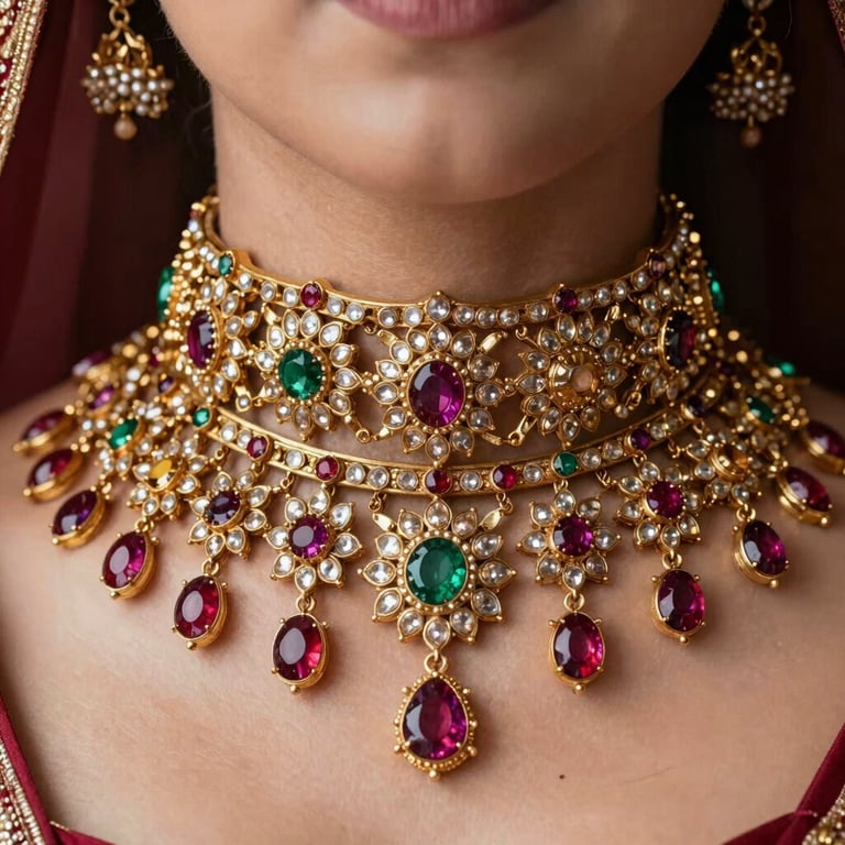 Extreme close-up of a heavy multi-layered bridal choker made of 22-karat gold with intricate floral filigree and vibrant kundan stones.