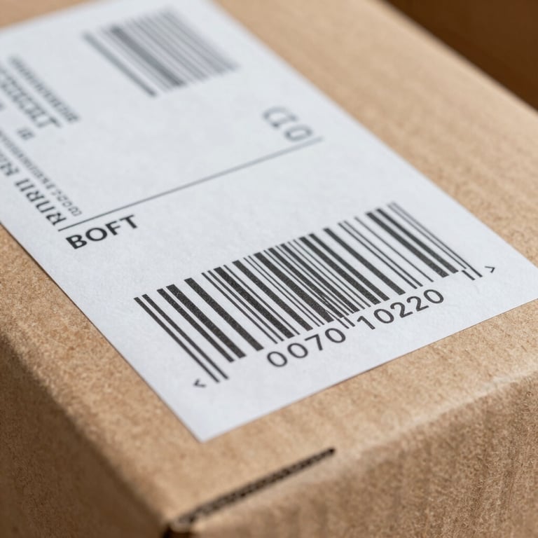 Tight macro detail of a standardized shipping label on a heavy cardboard carton, showing clear barcode and industrial print, bright neutral lighting.