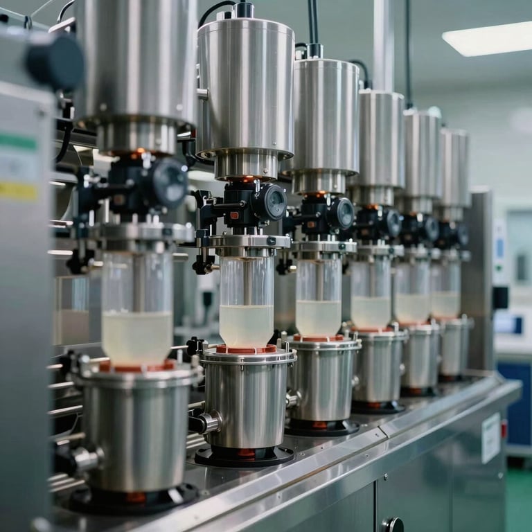 A row of automated liquid filling machines in a sterile North American cleanroom, high-tech industrial aesthetic.