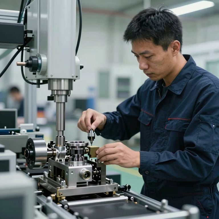 A mechanical engineer in dark blue attire adjusting a precise mechanical component on a packaging line.