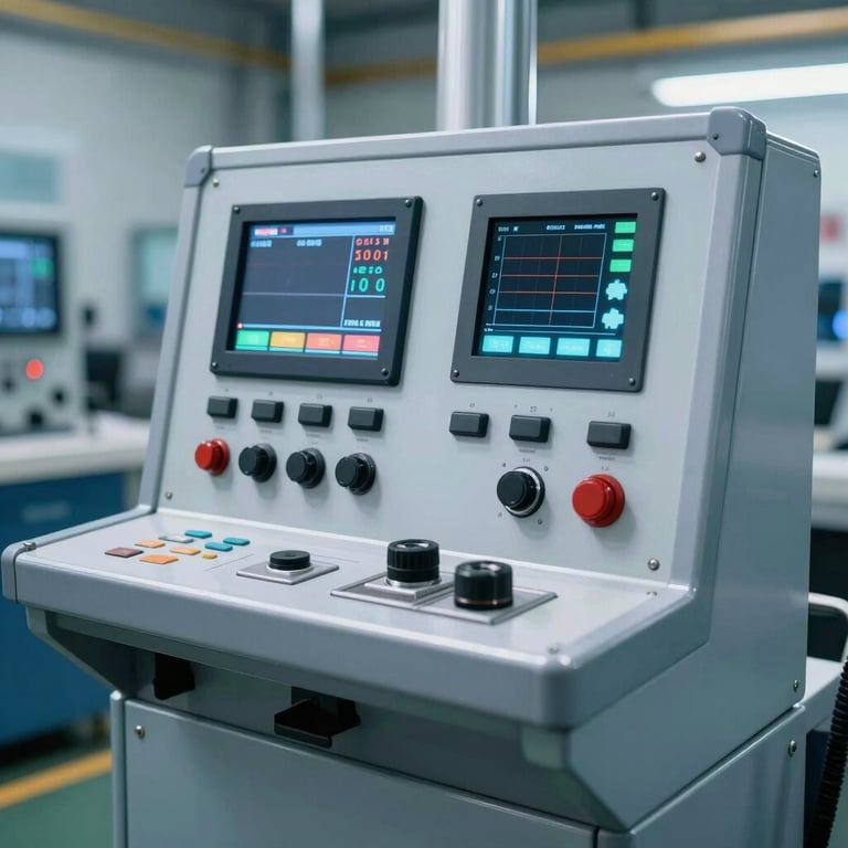 A modern machine control interface with digital readouts in a bright, steel blue industrial setting.