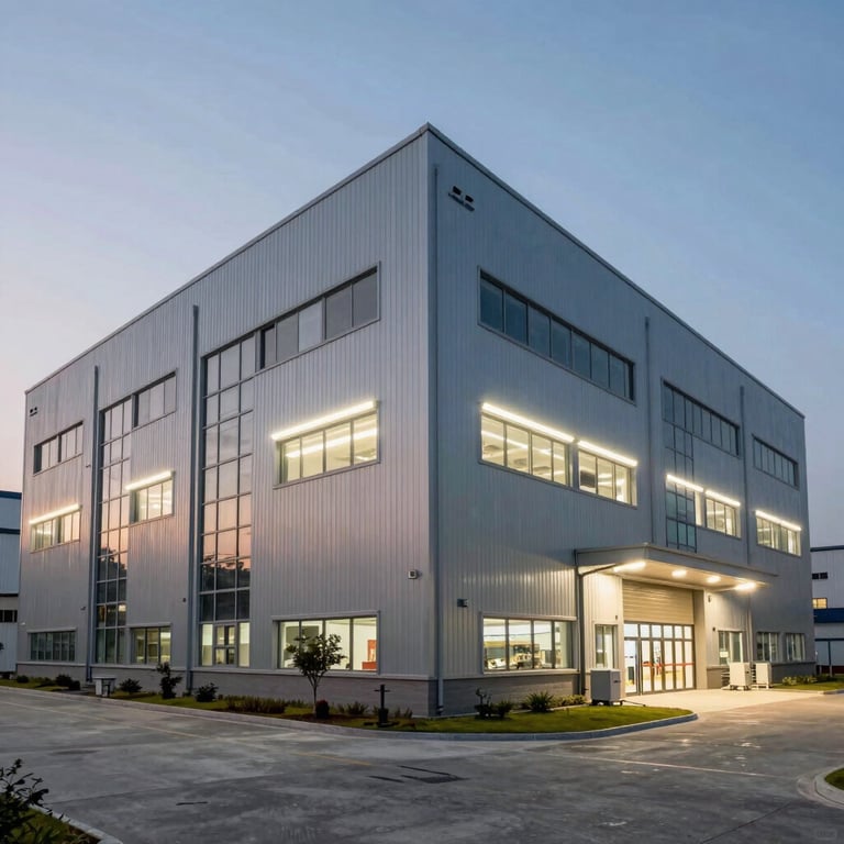 The exterior of a modern, professional industrial facility at twilight with sharp architectural lighting.