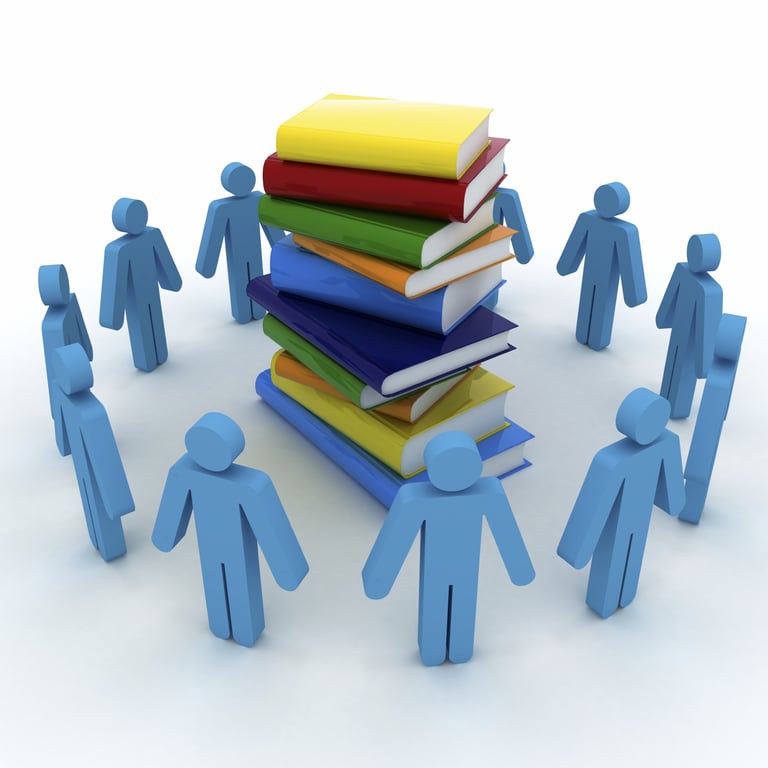 Graphic of a circle of people shapes looking at a pile of books.