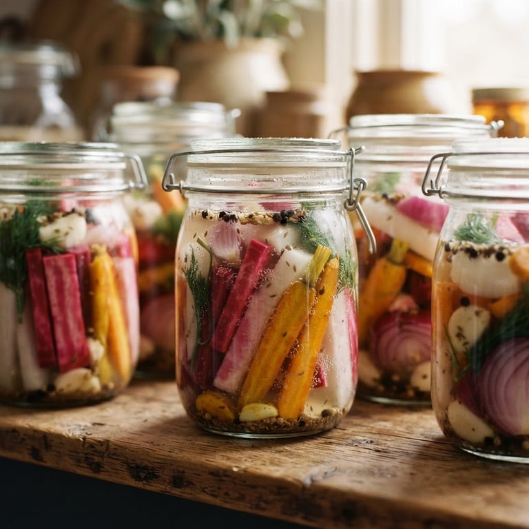 Macro shot of elegant glass jars filled with colorful lacto-fermented root vegetables, soft diffused daylight, warm wood background, shallow depth of field, 35mm