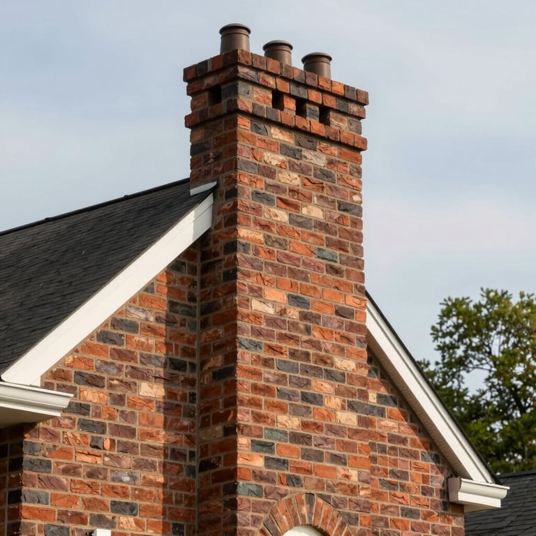 A detail-oriented view of a perfectly restored brick chimney exterior on a high-end US suburban residence.