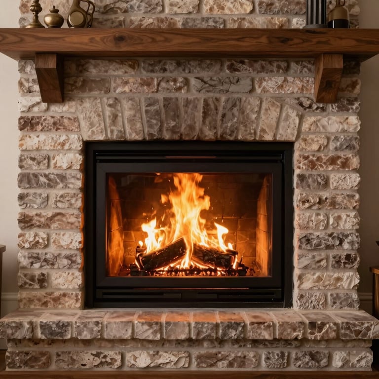 A warm fire burning safely inside a clean, modern brick fireplace in a North American home.