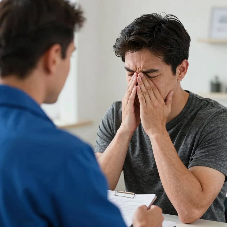 A North American homeowner nodding in satisfaction while speaking with a professional technician in uniform.