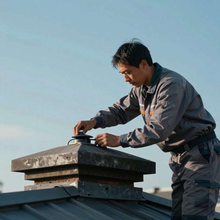 A technician in a grey uniform working on a roof to repair a chimney cap under a clear blue sky.
