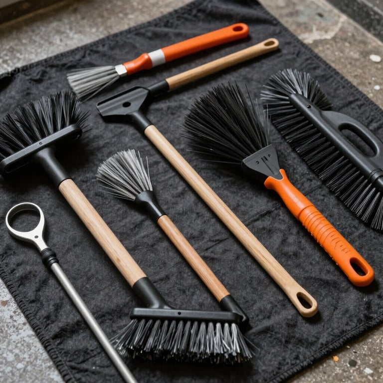 Professional chimney cleaning brushes and safety equipment laid out neatly on a dark charcoal drop cloth.