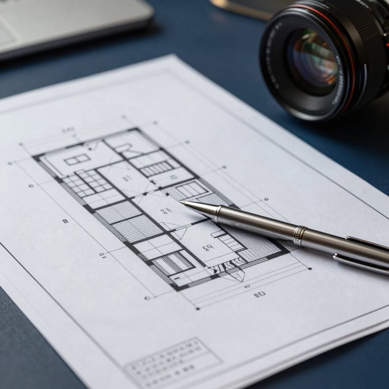 Macro photography of high-quality architectural blueprints laid out on a dark navy desk with a silver pen.